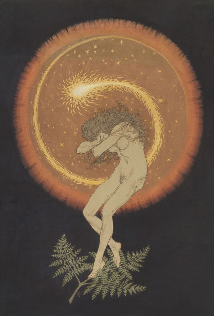 Fidus (Hugo Höppener), Tempeltanz der Seele, um 1910 Kunstwerk: Eine nackte, weiblich gelesene Person steht auf einem Farn und hat den Kopf auf ihre verschränkten Arme gelegt. Im Hintergrund ist eine sonnenartige, orange-gelbe Form auf schwarzem Untergrund zu sehen.